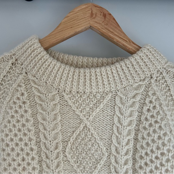 Crew Neck Cable Knit Wool Hand Knit Fisherman Sweater - Picture 3 of 13